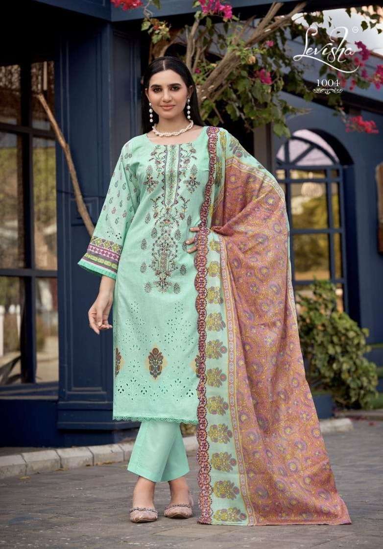 ALFAAZ SERIES 1001 TO 1005 BY LEVISHA DESIGNER PRINTED AND EMBROIDERY WORK CAMBRIC COTTON LAWN SUITS ARE AVAILABLE AT WHOLESALE PRICE 