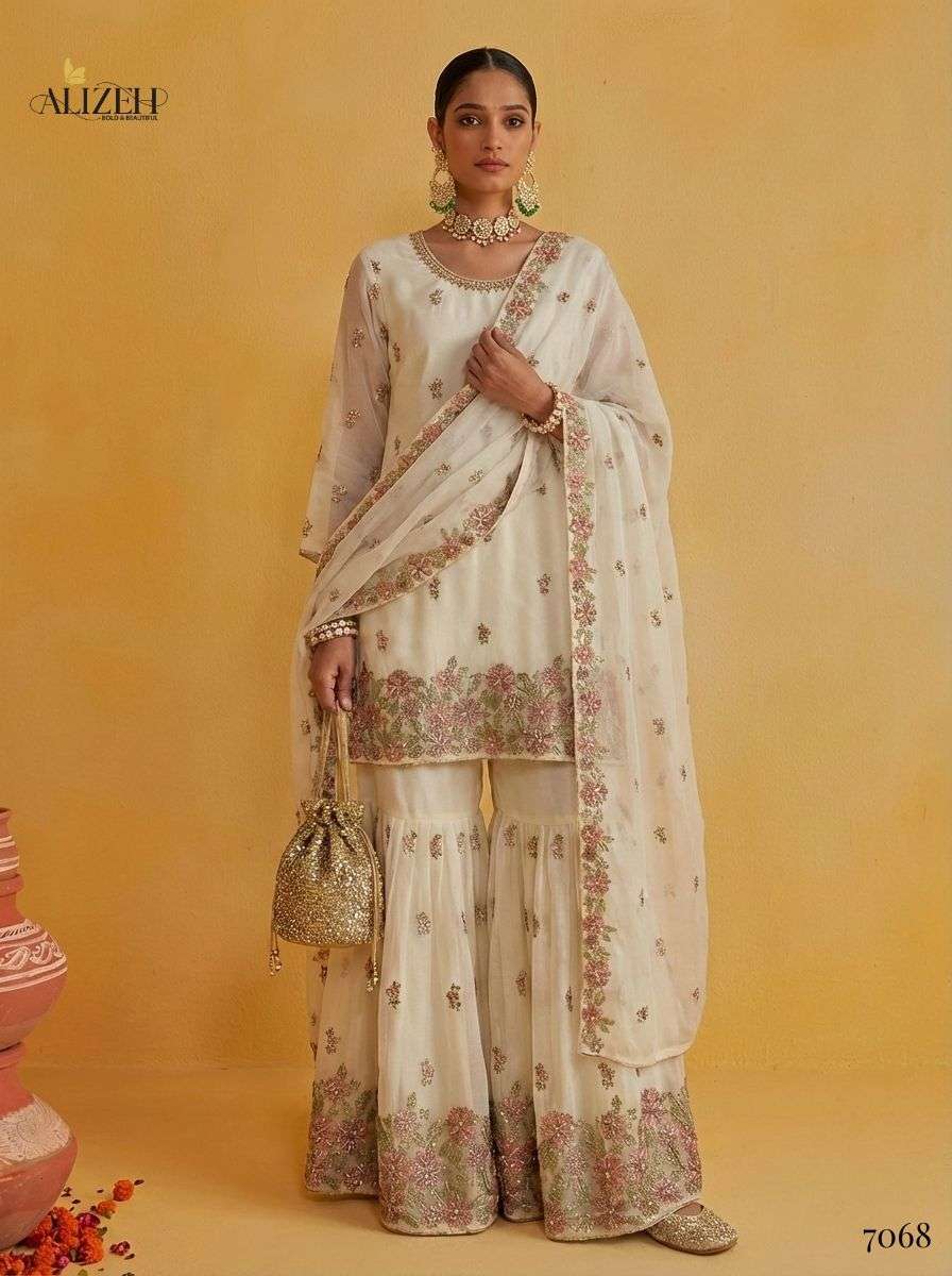 ALIZEH SERIES 7066 TO 7068 BY ALIZEH DESIGNER MULTY THREAD AND SEQUENCE WORK GEORGETTE READYMADE SHARARA SUITS ARE AVAILABLE AT WHOLESALE PRICE