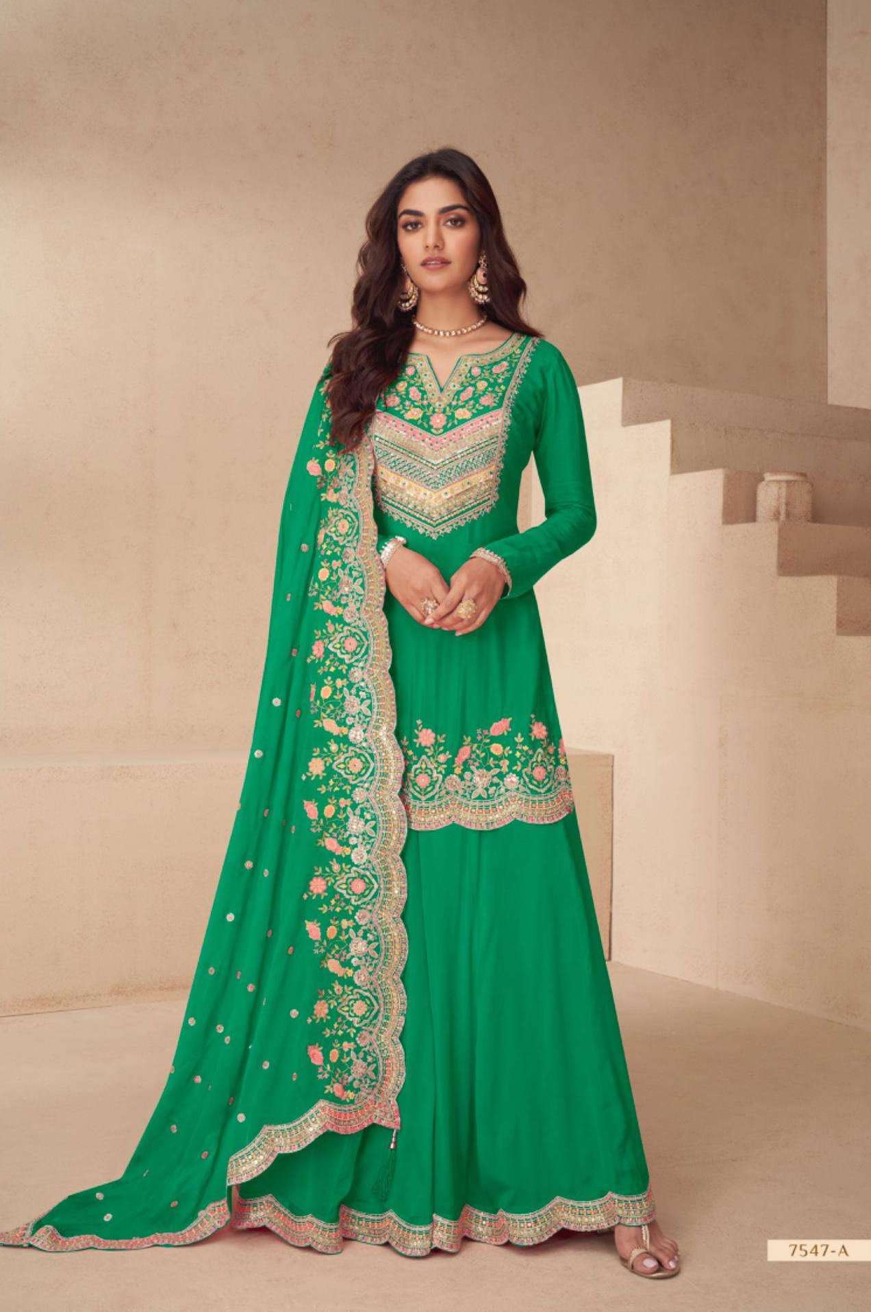ARCHANA SERIES 7547 BY GULKAYRA DESIGNER EMBROIDERY WORK READYMADE CHINON SUITS ARE AVAILABLE AT WHOLESALE PRICE
