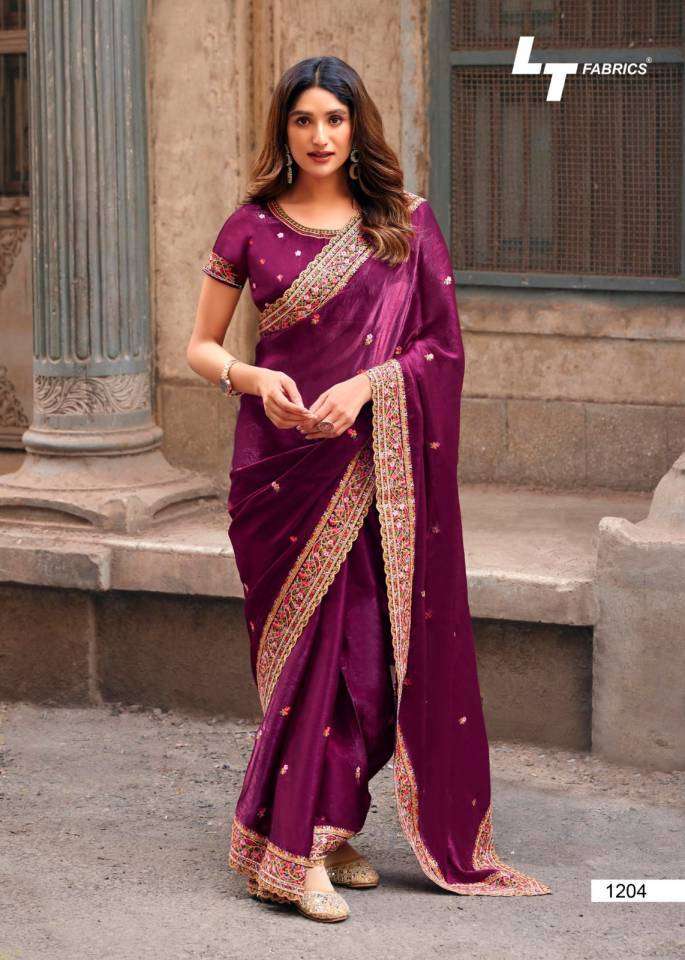 AURIKA VOL-12 SERIES 1201 TO 1206 SAREE BY LT DESIGNER EMBROIDERY AND ZARKAN WORK MALAI SILK SAREES ARE AVAILABLE AT WHOLESALE PRICE 