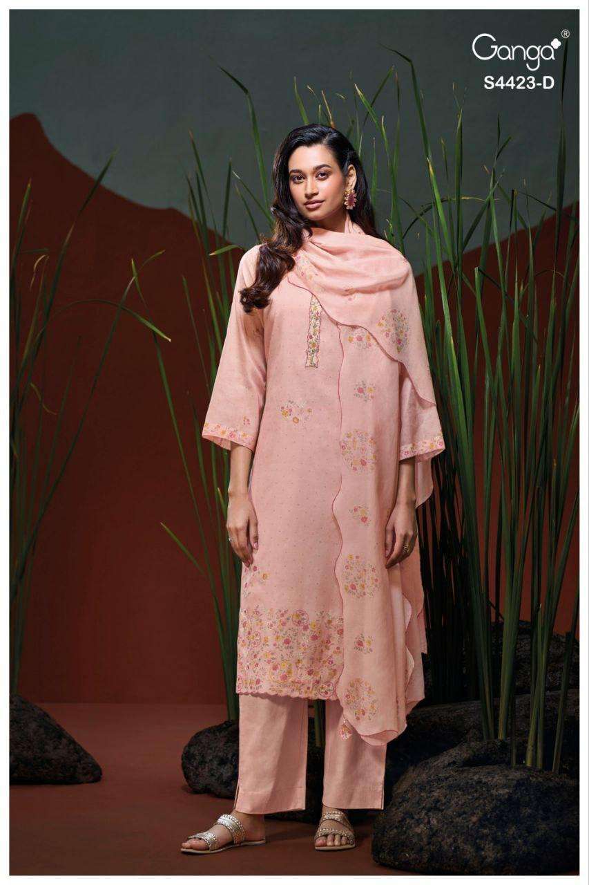 BETHRA SERIES 4423 BY GANGA DESIGNER PRINTED WITH EMBROIDERY AND HAND WORK MUL SUITS ARE AVAILABLE AT WHOLESALE PRICE 