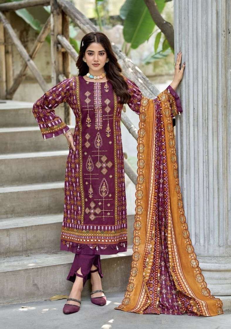 BIN SAEED VOL-4 SERIES 1001 TO 1006 BY LEVISHA DESIGNER PRINTED AND EMBROIDERY WORK CAMBRIC LAWN COTTON SUITS ARE AVAILABLE AT WHOLESALE PRICE 
