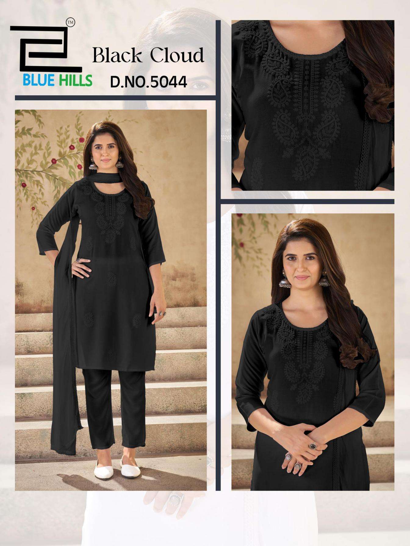 BLACK CLOUD SERIES 5041 TO 5044 BY BLUE HILLS DESIGNER EMBROIDERY WORK RAYON KURTI WITH BOTTOM AND DUPATTA ARE AVAILABLE AT WHOLESALE PRICE