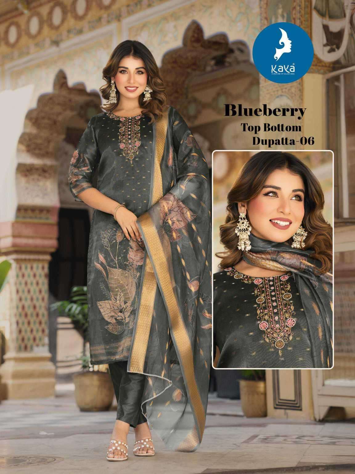BLUEBERRY SERIES 01 TO 06 BY KAYA DESIGNER DIGITAL PRINTED AND BUTTI WORK SHIMMER SILK TOP WITH BOTTOM AND DUPATTA ARE AVAILABLE AT WHOLESALE PRICE