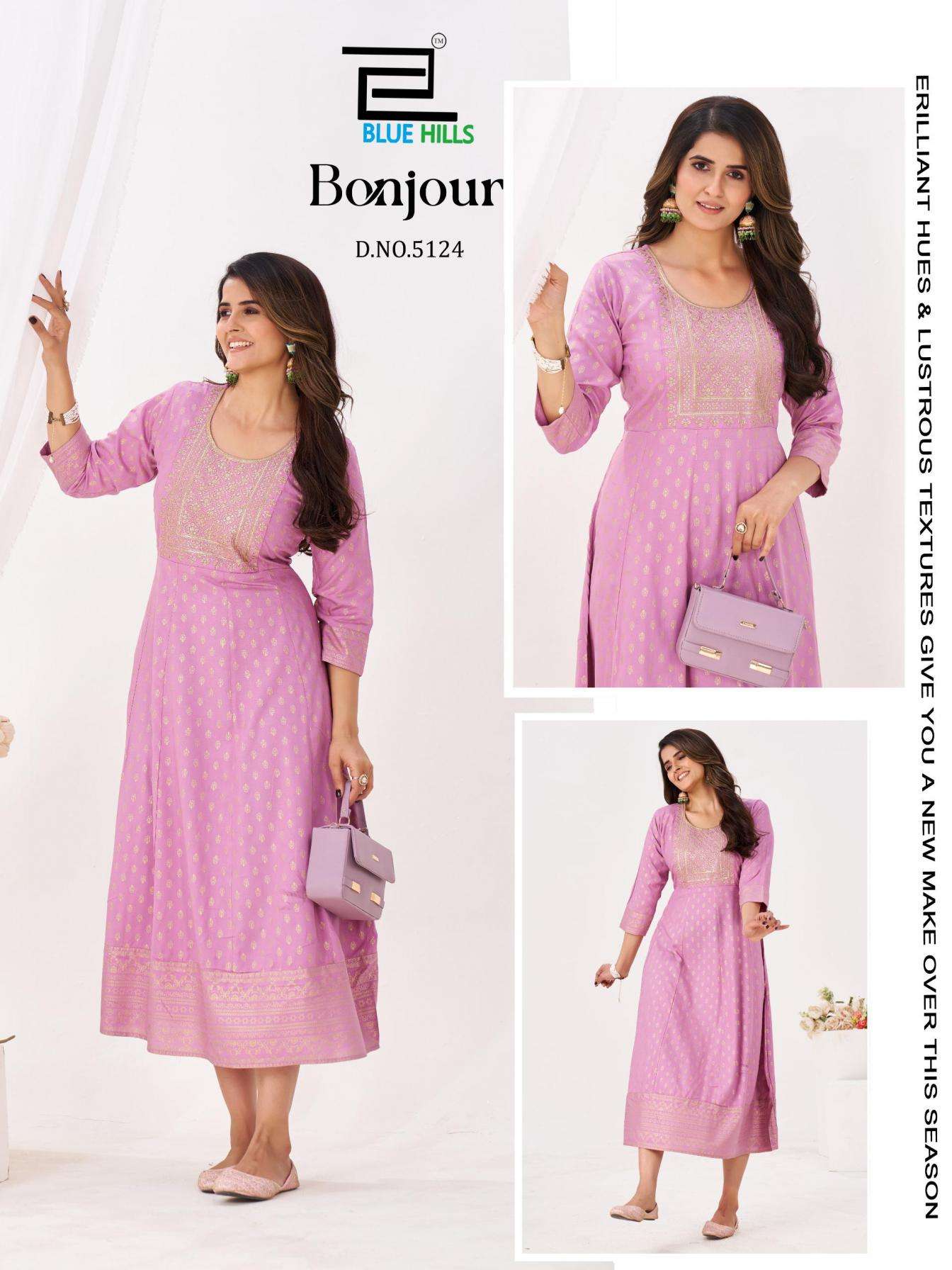 BONJOUR SERIES 5121 TO 5126 BY BLUE HILLS DESIGNER FOIL PRINTED AND EMBROIDERY WORK RAYON ANARKALI KURTIS ARE AVAILABLE AT WHOLESALE PRICE