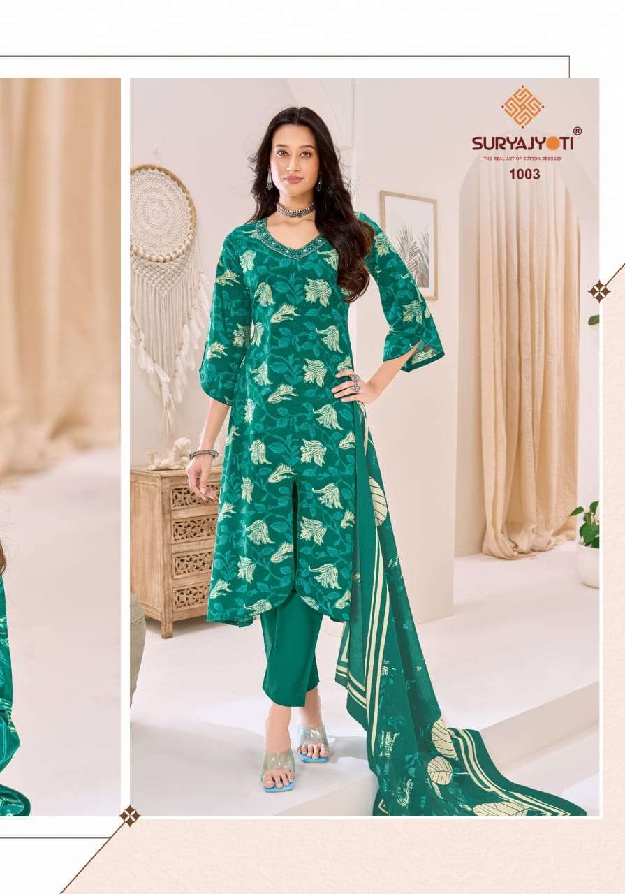 CHARMI VOL-1 SERIES 1001 TO 1008 BY SURYAJYOTI DESIGNER PRINTED AND EMBROIDERY WORK LAWN COTTON SUITS ARE AVAILABLE AT WHOLESALE PRICE 