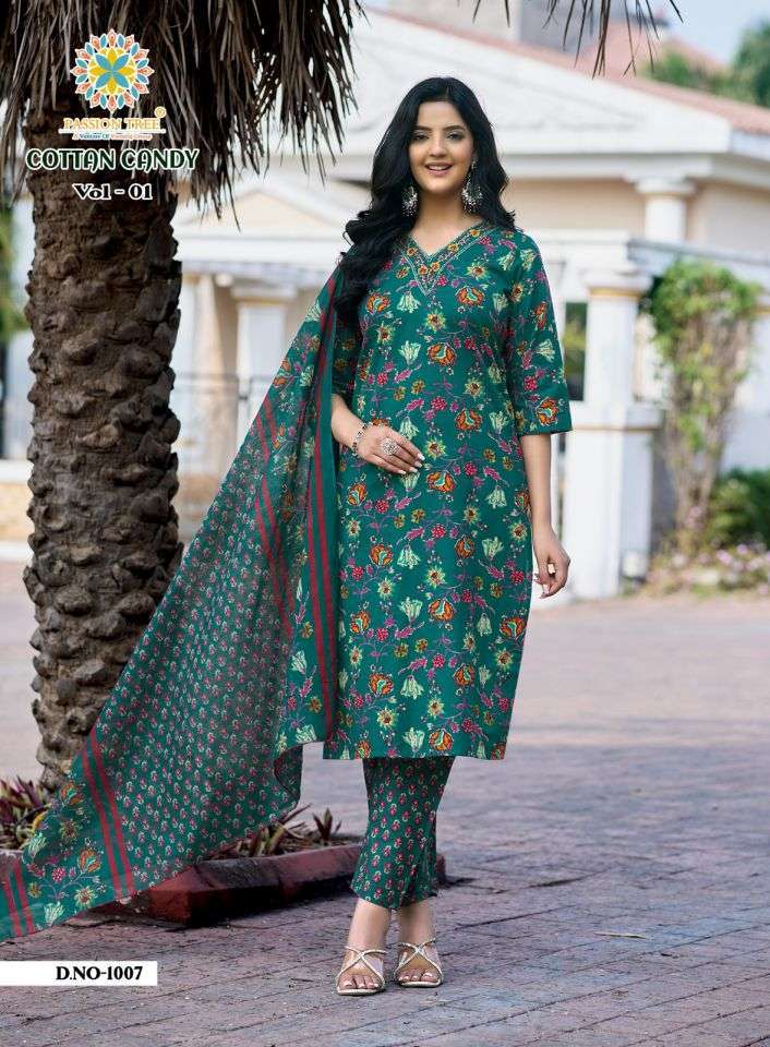 COTTAN CANDY VOL-1 SERIES 1001 TO 1008 BY PASSION TREE DESIGNER PRINTED AND WORK COTTON KURTI WITH BOTTOM AND DUPATTA ARE AVAILABLE AT WHOLESALE PRICE