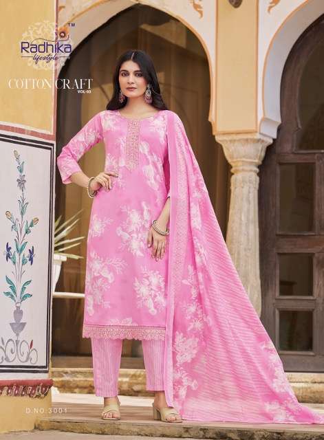 COTTON CRAFT VOL-3 SERIES 3001 TO 3008 BY RADHIKA LIFESTYLE DESIGNER PRINTED COTTON KURTI WITH PANT AND DUPATTA ARE AVAILABLE AT WHOLESALE PRICE