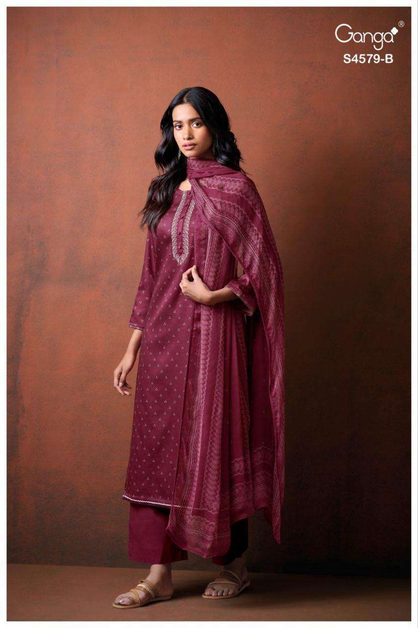 EILLIE SERIES 4579 BY GANGA DESIGNER PRINTED AND EMBROIDERY WORK COTTON SATIN SUITS ARE AVAILABLE AT WHOLESALE PRICE