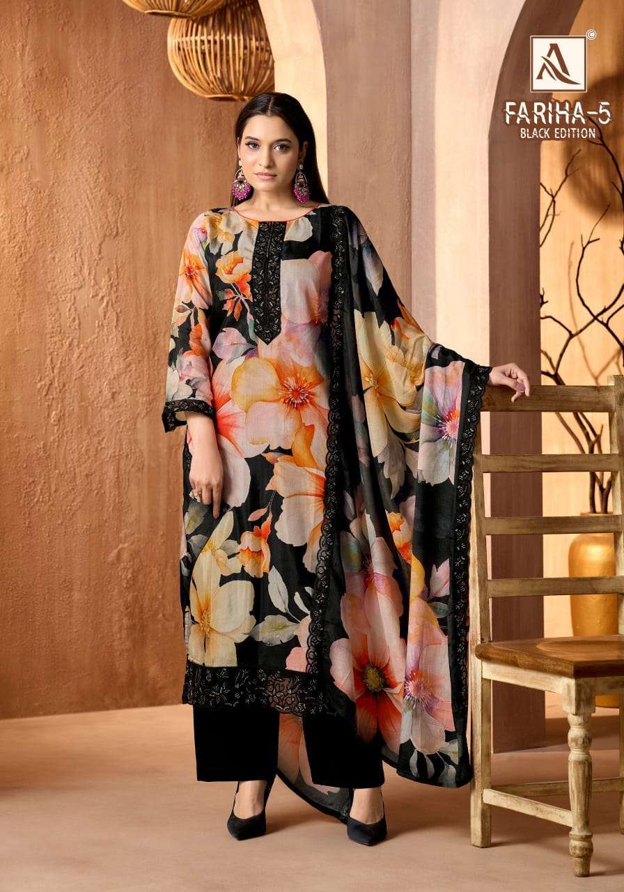 FARIHA EDITION-5 SERIES 2200 BY ALOK SUITS DESIGNER DIGITAL PRINTED AND EMBROIDERY WORK MUSLIN SILK SUITS ARE AVAILABLE AT WHOLESALE PRICE