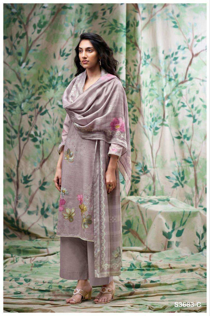 FARNAZ SERIES 3683 BY GANGA DESIGNER PRINTED AND EMBROIDERY AND HAND WORK COTTON LINEN SUITS ARE AVAILABLE AT WHOLESALE PRICE
