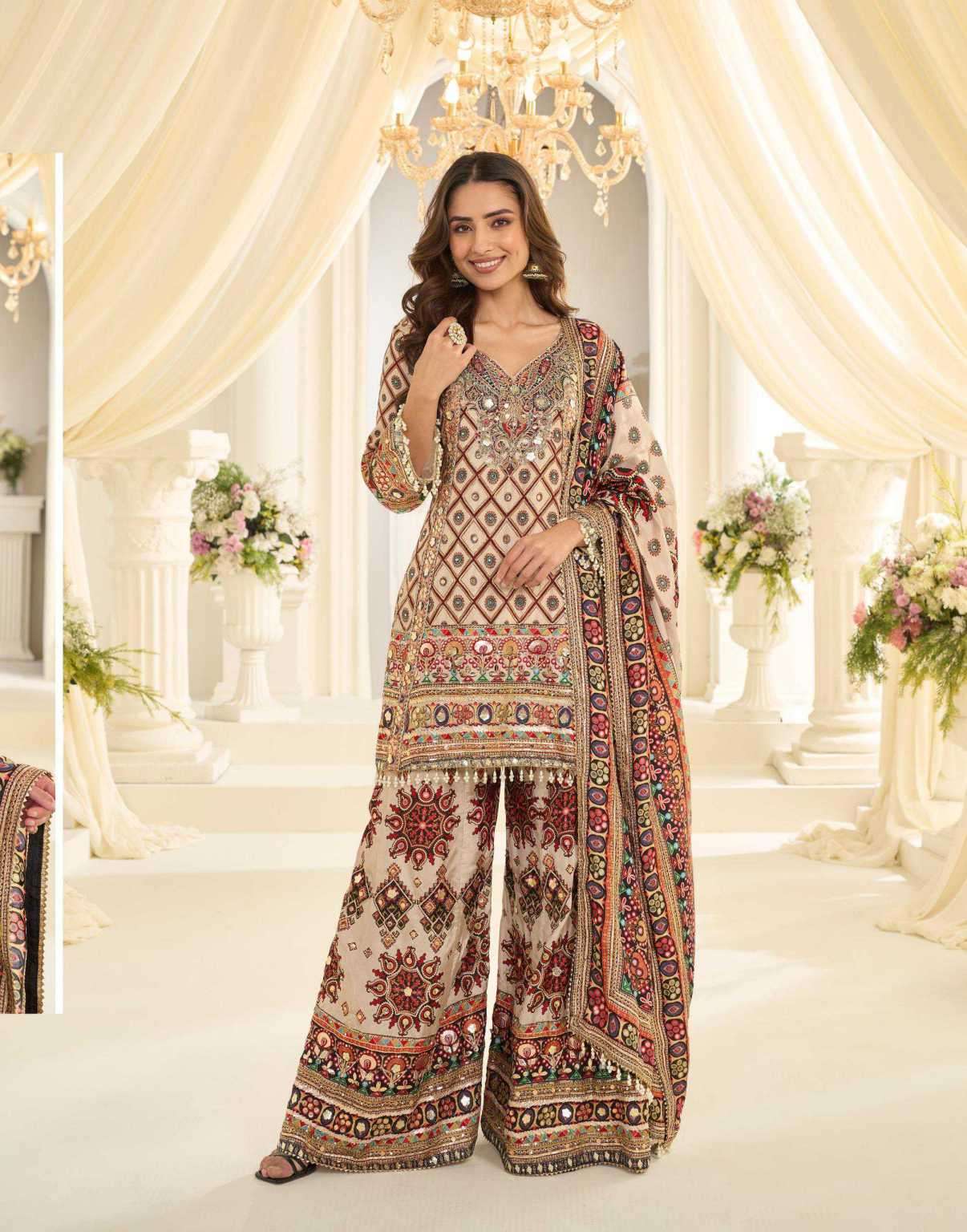 FATIMA SERIES 10258 TO 10259 BY SAYURI DESIGNER PRINTED AND AARI WORK NATURAL CREPE READYMADE SUITS ARE AVAILABLE AT WHOLESALE PRICE 