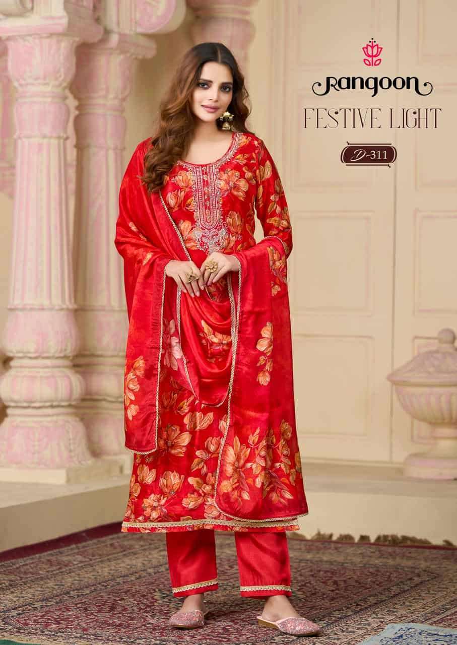 FESTIVE LIGHT SERIES 311 TO 314 BY RANGOON DESIGNER DIGITAL PRINTED AND BEADS WORK VISCOSE TOP WITH BOTTOM AND DUPATTA ARE AVAILABLE AT WHOLESALE PRICE
