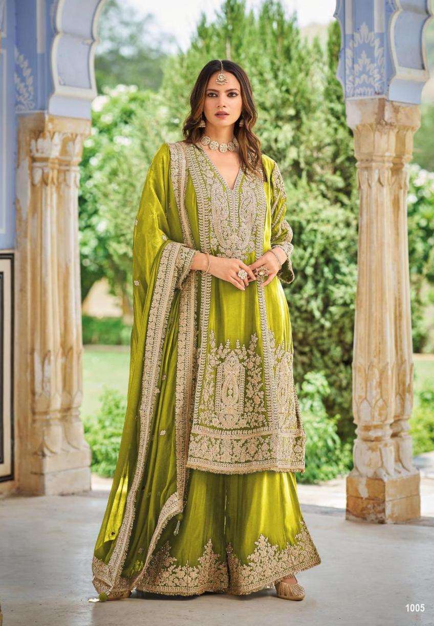FLORA SERIES 1001 TO 1005 BY YOUR CHOICE DESIGNER EMBROIDERY WORK CHINON SILK READYMADE SUITS ARE AVAILABLE AT WHOLESALE PRICE