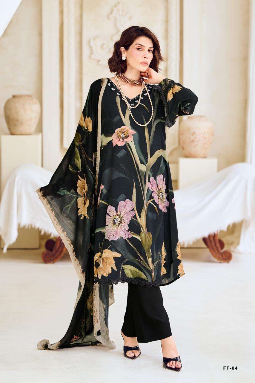 FLORAL FOREVER SERIES 01 TO 04 BY VARSHA DESIGNER DIGITAL PRINTED WITH HAND WORK AND EMBROIDERY WORK VISCOSE SATIN SUITS ARE AVAILABLE AT WHOLESALE PRICE