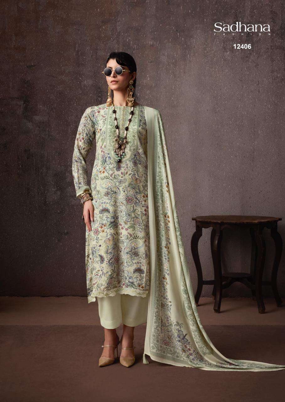 GRACE SERIES 12401 TO 12406 BY SADHANA DESIGNER DIGITAL PRINTED AND KHATLI WORK BEMBERG MUSLIN SUITS ARE AVAILABLE AT WHOLESALE PRICE