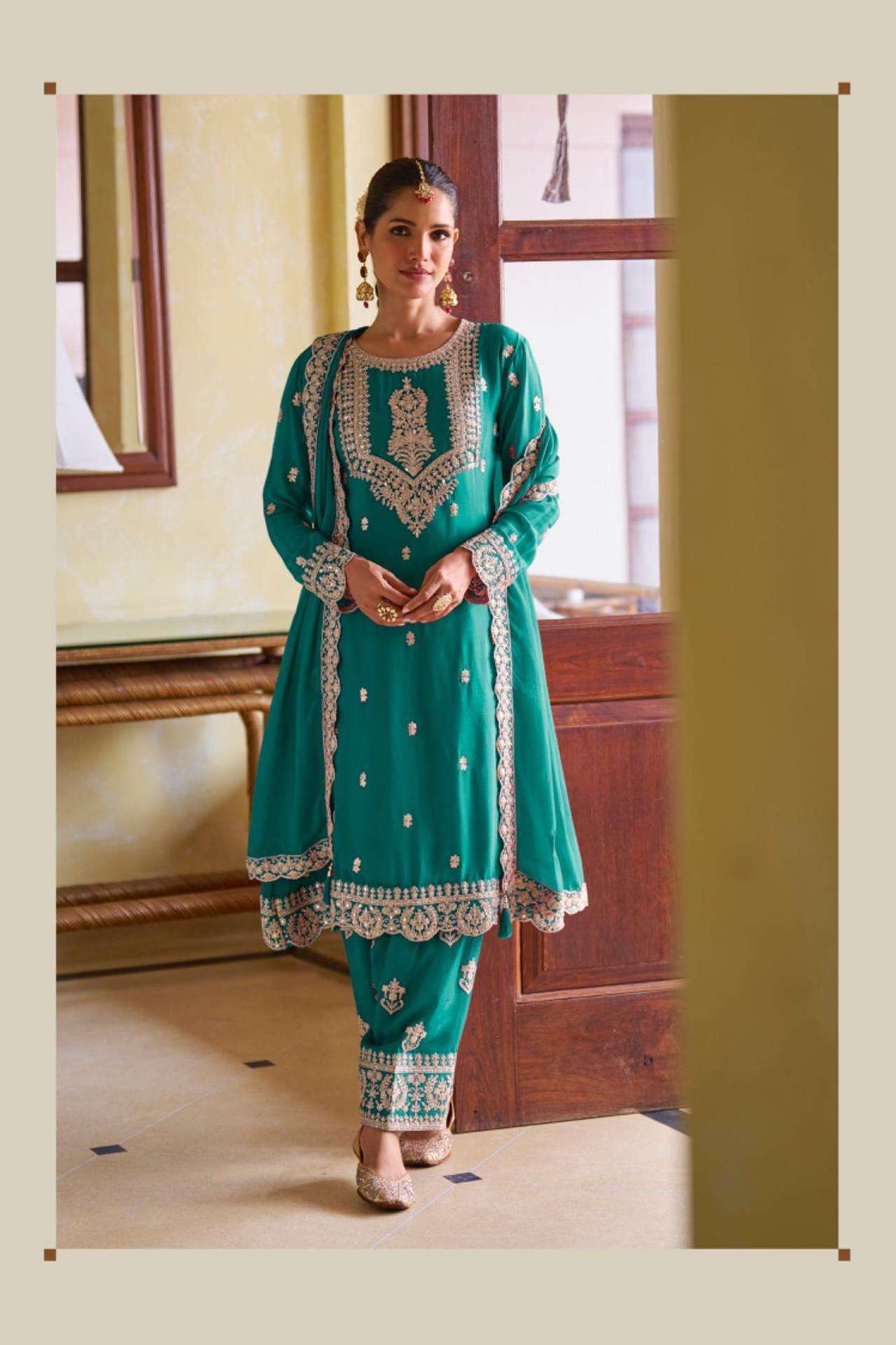 HARLEY SERIES 7652 BY GULKAYRA DESIGNER EMBROIDERY WORK CHINON SILK READYMADE SUITS ARE AVAILABLE AT WHOLESALE PRICE