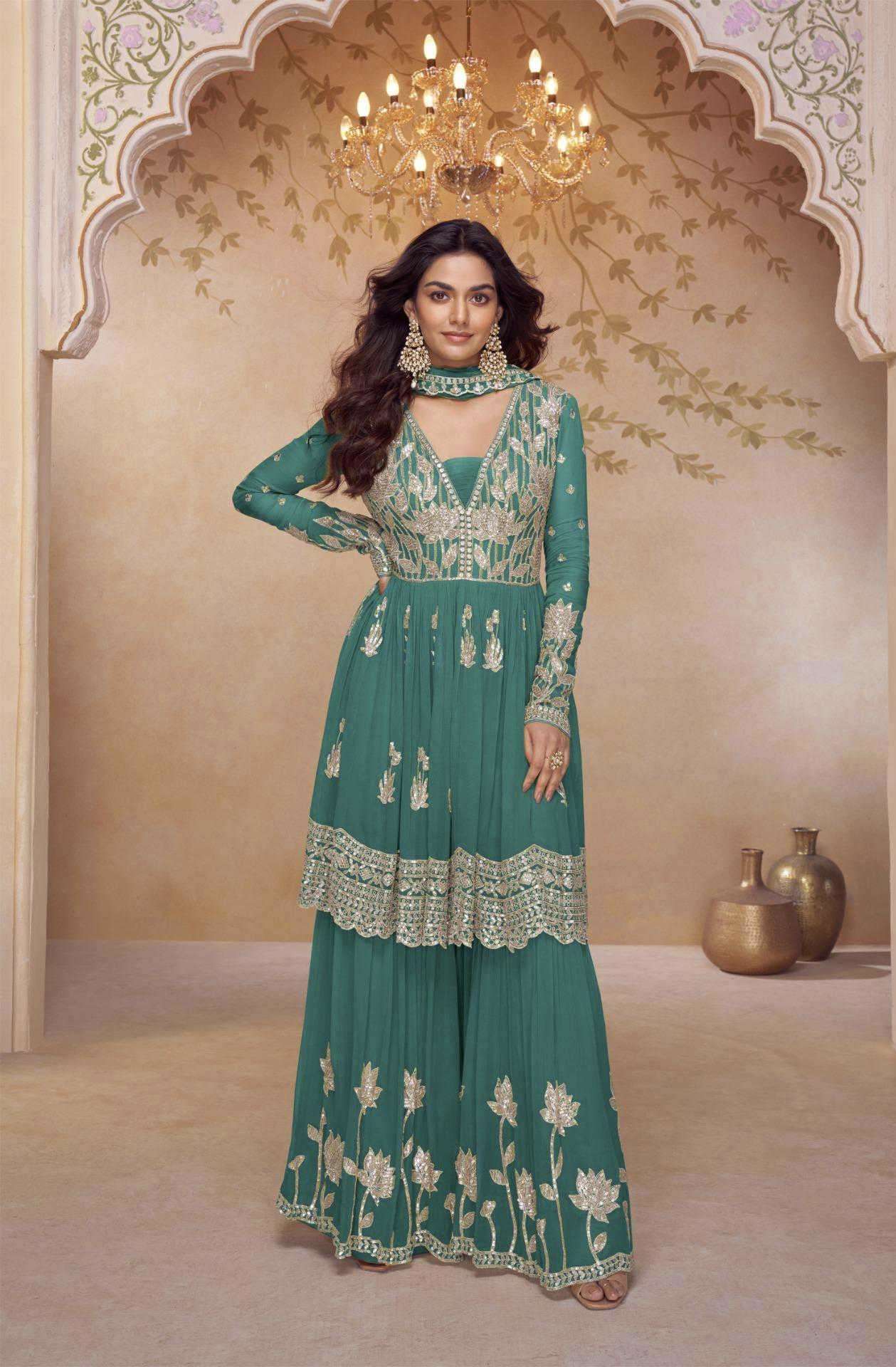 HEER SERIES 7634 BY GULKAYRA DESIGNER EMBROIDERY WORK READYMADE CHINON SUITS ARE AVAILABLE AT WHOLESALE PRICE