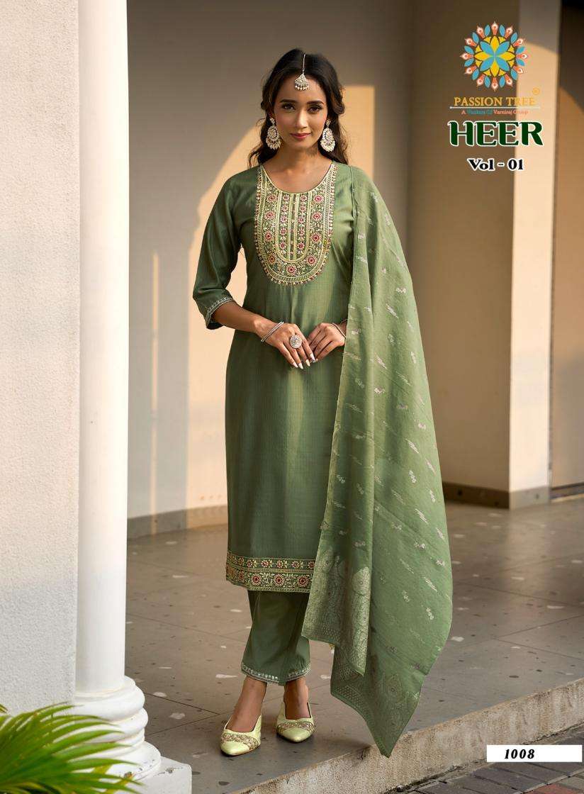 HEER VOL-1 SERIES 1001 TO 1008 BY PASSION TREE DESIGNER EMBROIDERY WOTK BERLIN TOP WITH BOTTOM AND DUPATTA ARE AVAILABLE AT WHOLESALE PRICE
