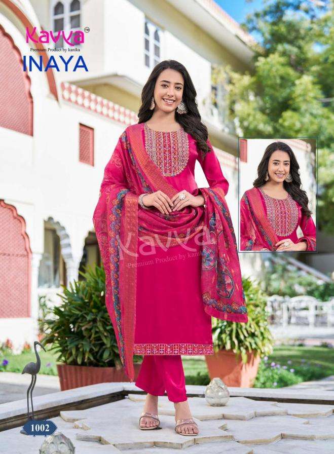 INAYA VOL-1 SERIES 1001 TO 1010 BY KAVYA DESIGNER EMBROIDERY WORK RAYON GLASS SILK KURTI WITH BOTTOM AND DUPATTA ARE AVAILABLE AT WHOLESALE PRICE
