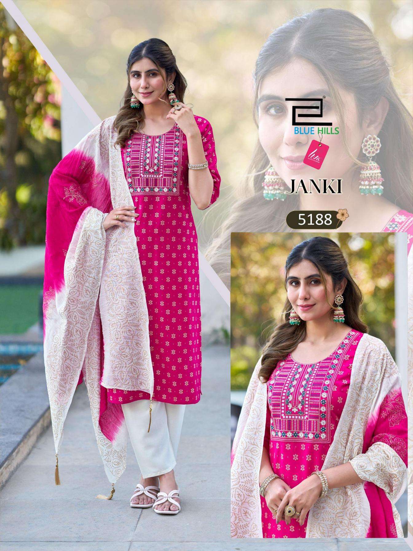 JANKI SERIES 5186 TO 5191 BY BLUE HILLS DESIGNER WORK RAYON KURTI WITH BOTTOM AND DUPATTA ARE AVAILABLE AT WHOLESALE PRICE