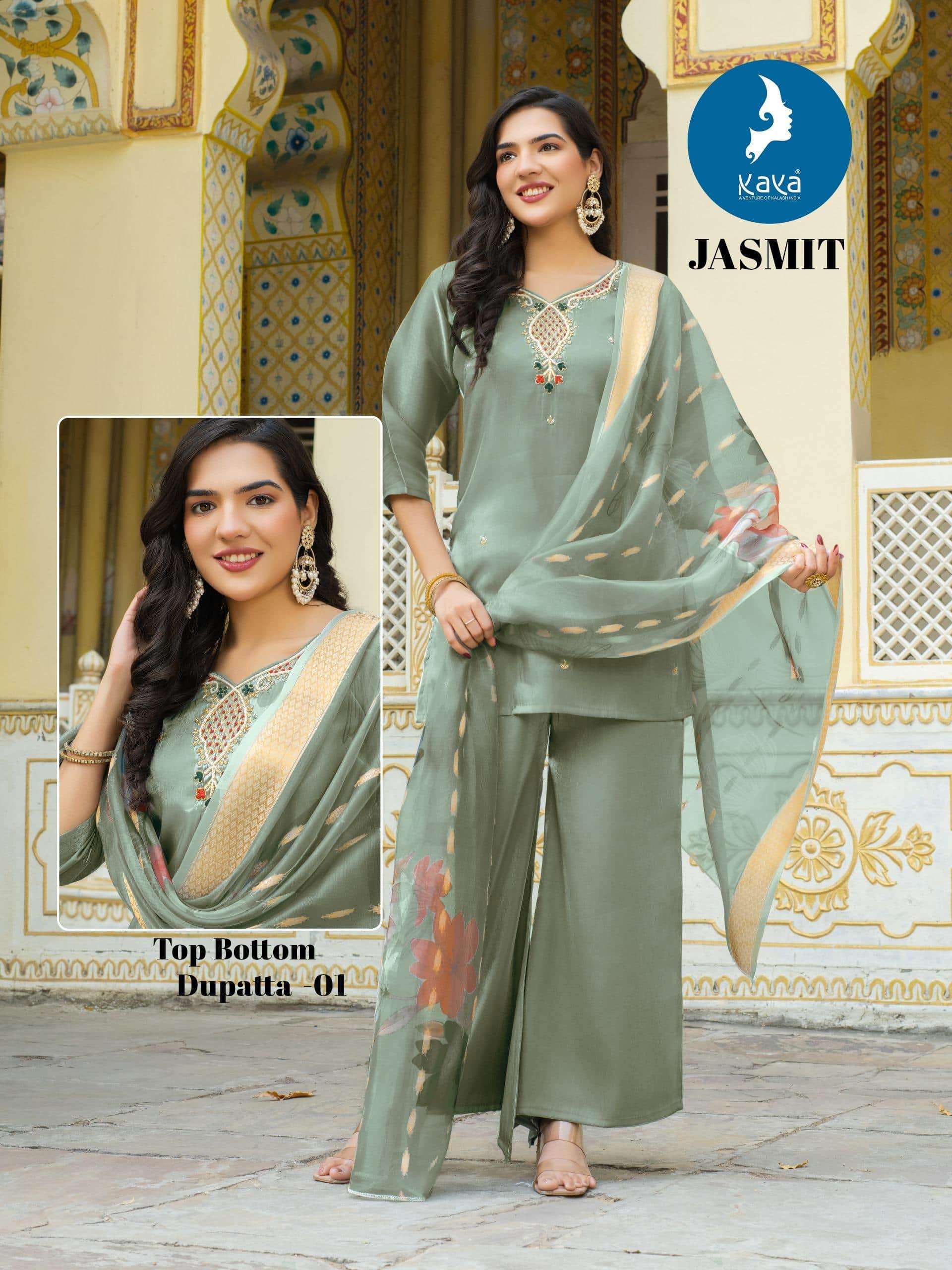JASMIT SERIES 01 TO 04 BY KAYA DESIGNER WORK ROMAN GLASS TOP WITH PLAZZO AND DUPATTA ARE AVAILABLE AT WHOLESALE PRICE