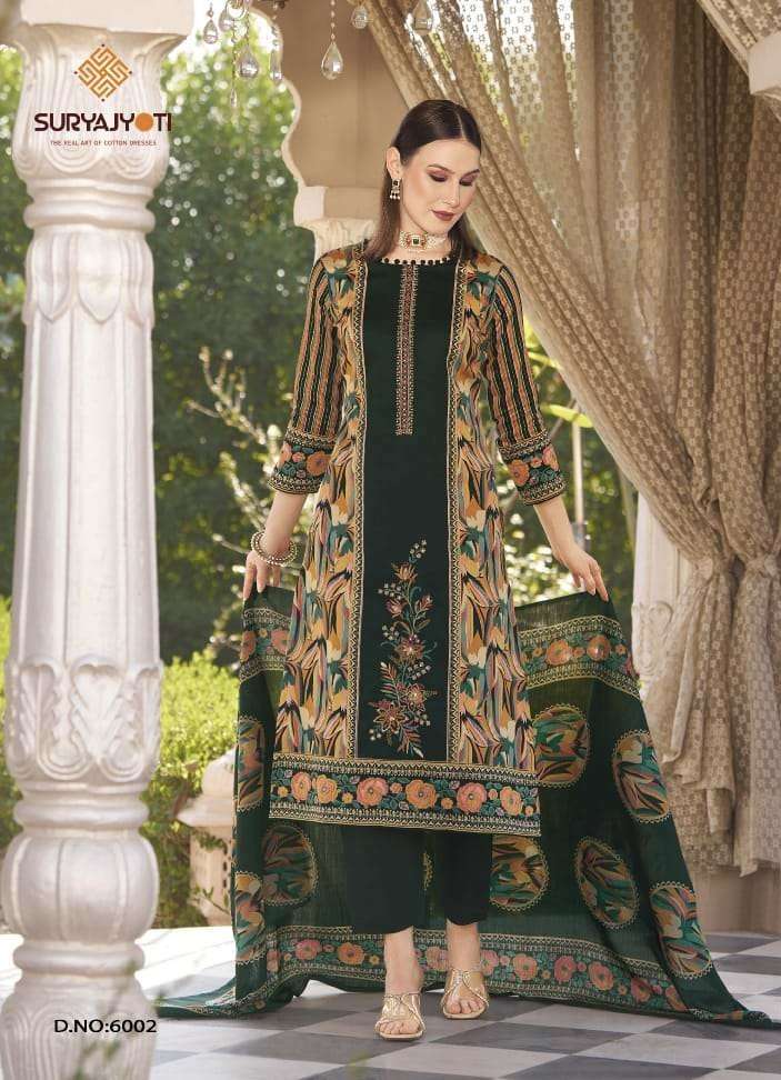 KAMINI VOL-6 SERIES 6001 TO 6006 BY SURYAJYOTI DESIGNER FOIL PRINTED AND EMBROIDERY WORK JAM SATIN SUITS ARE AVAILABLE AT WHOLESALE PRICE