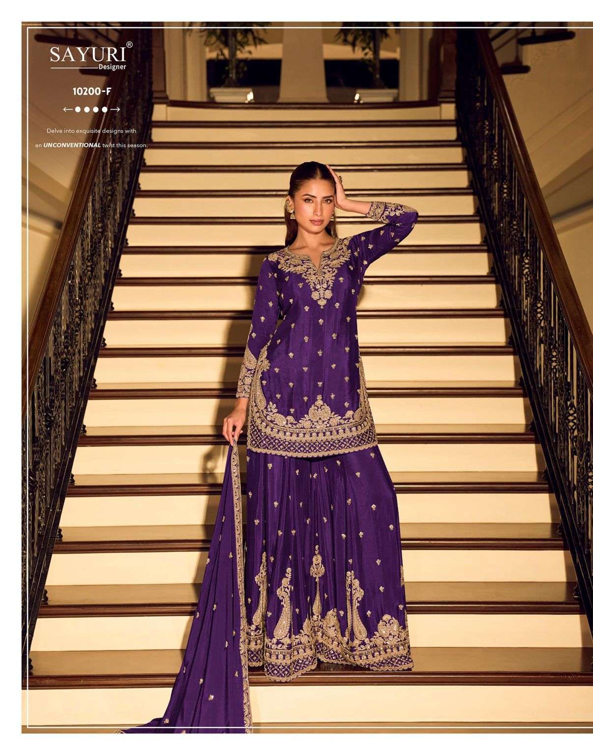 KANCHAN GOLD SERIES 10200 BY SAYURI DESIGNER EMBROIDERY WORK CHINON READYMADE SUITS ARE AVAILABLE AT WHOLESALE PRICE