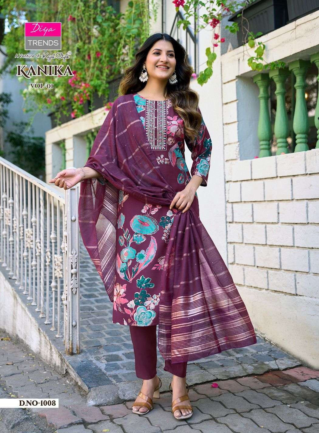 KANIKA VOL-1 SERIES 1001 TO 1008 BY DIYA TRENDS DESIGNER PRINTED AND FANCY EMBROIDERY WORK VATICAN KURTI WITH BOTTOM AND DUPATTA ARE AVAILABLE AT WHOLESALE PRICE