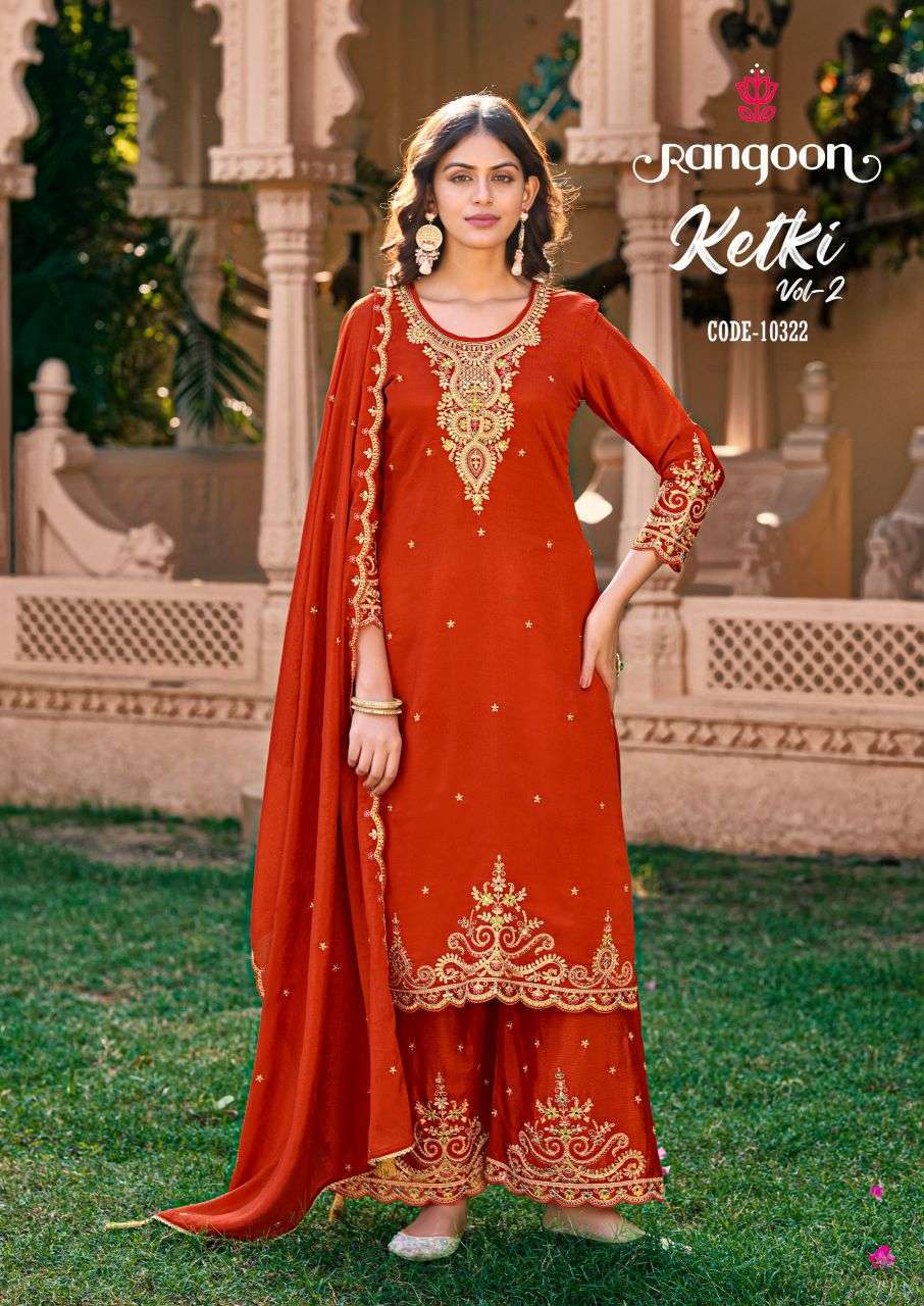 KETKI VOL-2 SERIES 10321 TO 10324 BY RANGOON DESIGNER HAND AND MIRROR WORK CHINON TOP WITH BOTTOM AND DUPATTA ARE AVAILABLE AT WHOLESALE PRICE 