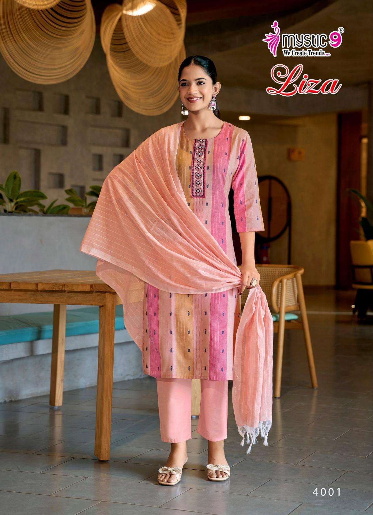 LIZA VOL-4 SERIES 4001 TO 4008 BY MYSTIC 9 DESIGNER WORK HANDLOOM COTTON KURTI WITH BOTTOM AND DUPATTA ARE AVAILABLE AT WHOLESALE PRICE