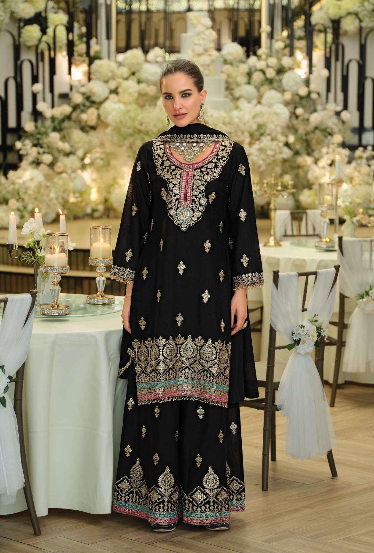 MADHUBALA BLACK & WHITE SERIES 2313 TO 2314 BY EBA DESIGNER EMBROIDERY WORK CHINON SILK READYMADE SUITS ARE AVAILABLE AT WHOLESALE PRICE