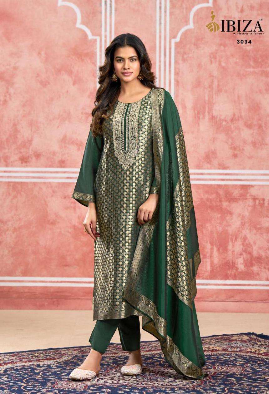 MAHIMA VOL-3 SERIES 3031 TO 3034 BY IBIZA DESIGNER EMBROIDERY WORK BANGLORY SILK JACQUARD SUITS ARE AVAILABLE AT WHOLESALE PRICE