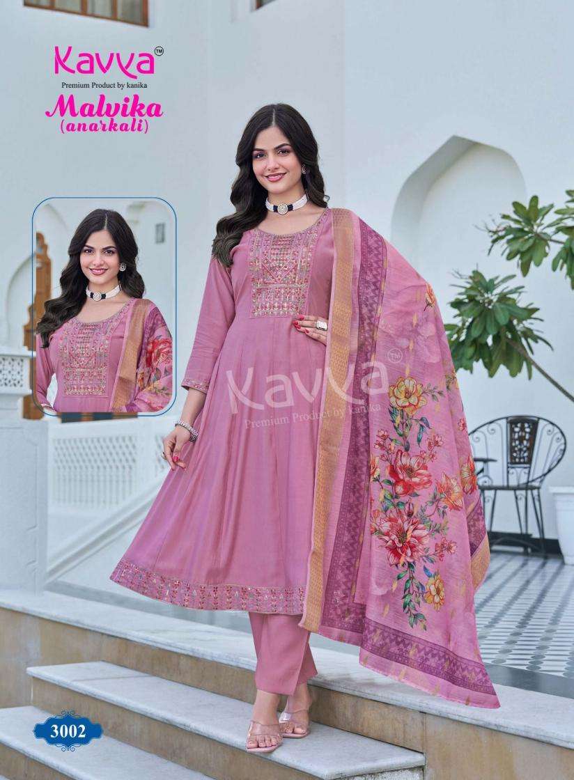 MALVIKA VOL-3 SERIES 3001 TO 3010 BY KAVYA DESIGNER EMBROIDERY WORK ROMAN SILK ANARKAKI KURTI WITH BOTTOM AND DUPATTA ARE AVAILABLE AT WHOLESALE PRICE