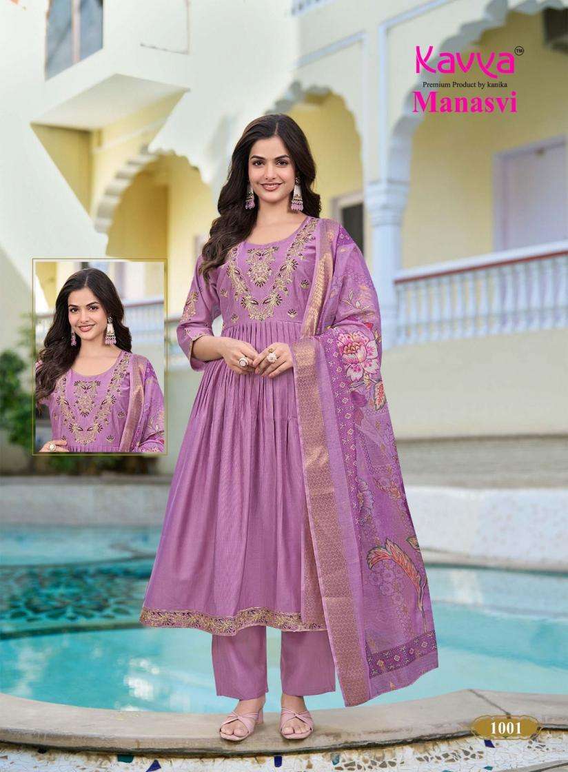 MANASVI VOL-1 SERIES 1001 TO 1010 BY KAVYA DESIGNER EMBROIDERY WORK GADHWAL ANARKALI KURTI WITH BOTTOM AND DUPATTA ARE AVAILABLE AT WHOLESALE PRICE 