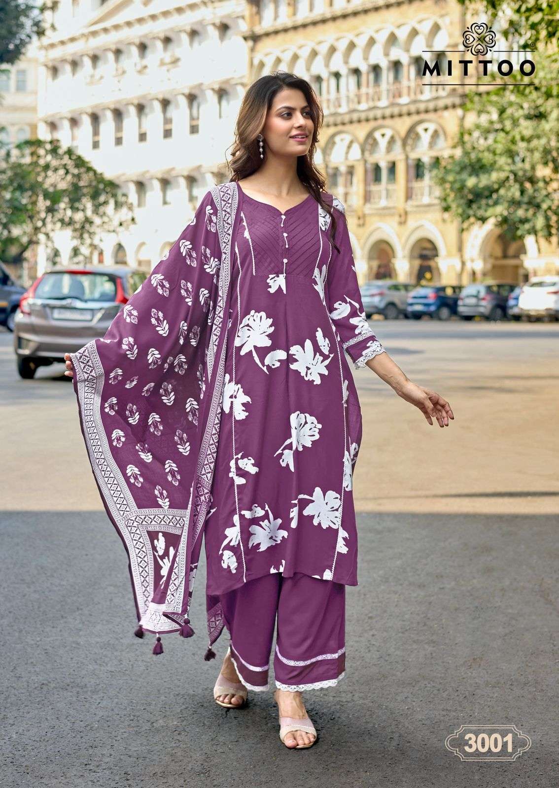 MANVARI SERIES 3001 TO 3004 BY MITTO DESIGNER PRINTED AND HAND WORK RAYON TOP WITH PLAZZO AND DUPATTA ARE AVAILABLE AT WHOLESALE PRICE