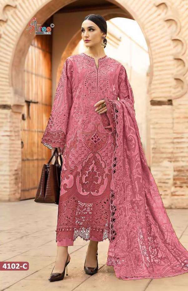 MARIYA B PREMIUM EMBROIDERED VOL-1 SERIES 4102 BY SHREE FABS DESIGNER HEAVY EMBROIDERY AND CUT WORK COTTON SUITS ARE AVAILABLE AT WHOLESALE PRICE