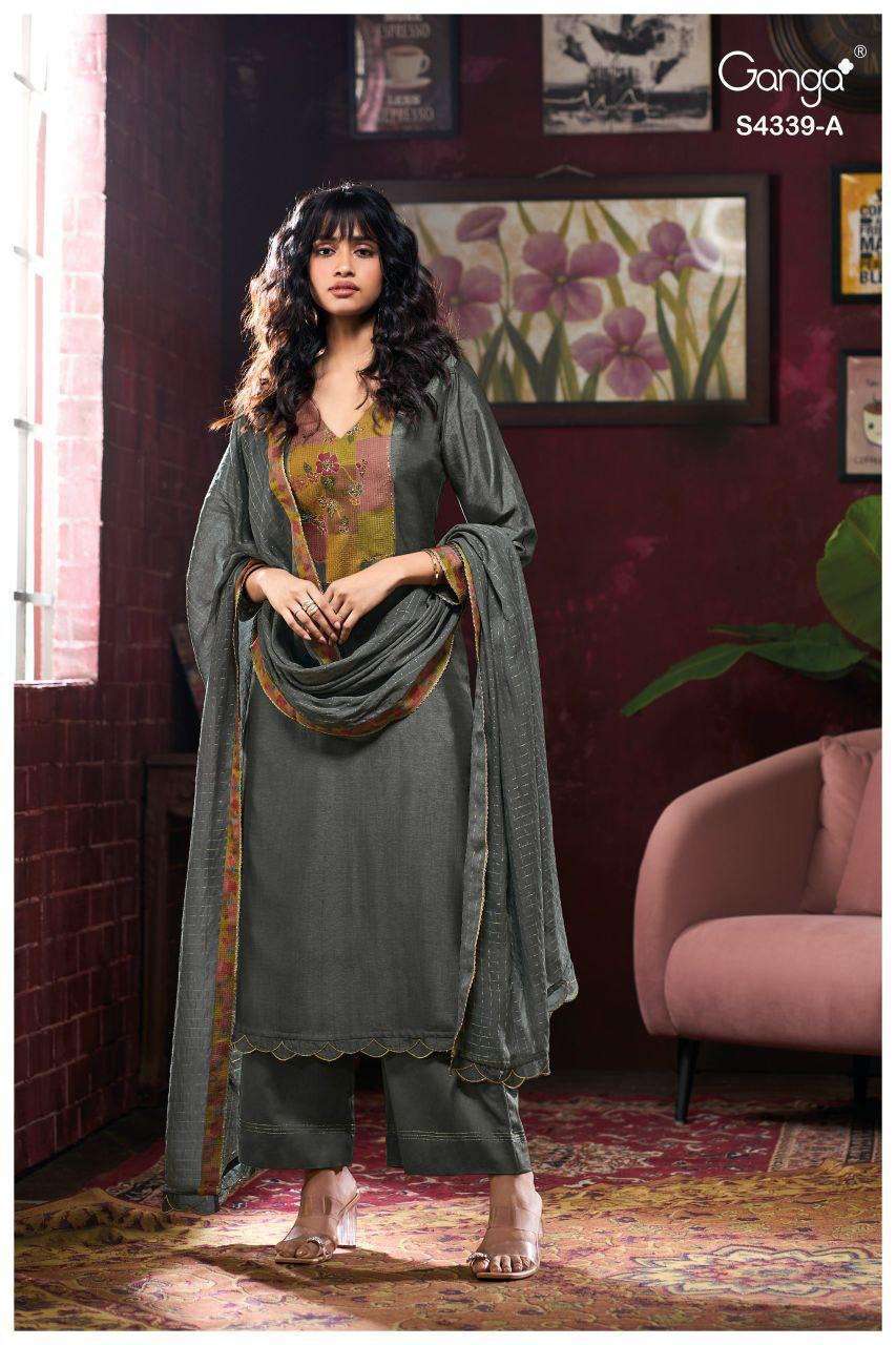 MAVEN SERIES 4339 BY GANGA DESIGNER PRINTED WITH HAND EMBROIDERY AND HAND WORK BEMBERG RUSSIAN SILK SUITS ARE AVAILABLE AT WHOLESALE PRICE