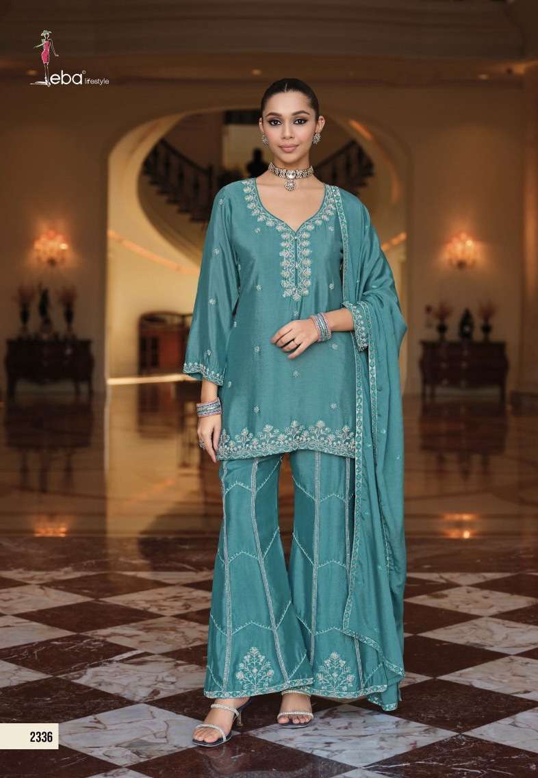 MIRHA SERIES 2336 TO 2338 BY EBA DESIGNER READYMADE CHINON SUITS WITH BEADS WORK SUITS ARE AVAILABLE AT WHOLESALE PRICE 