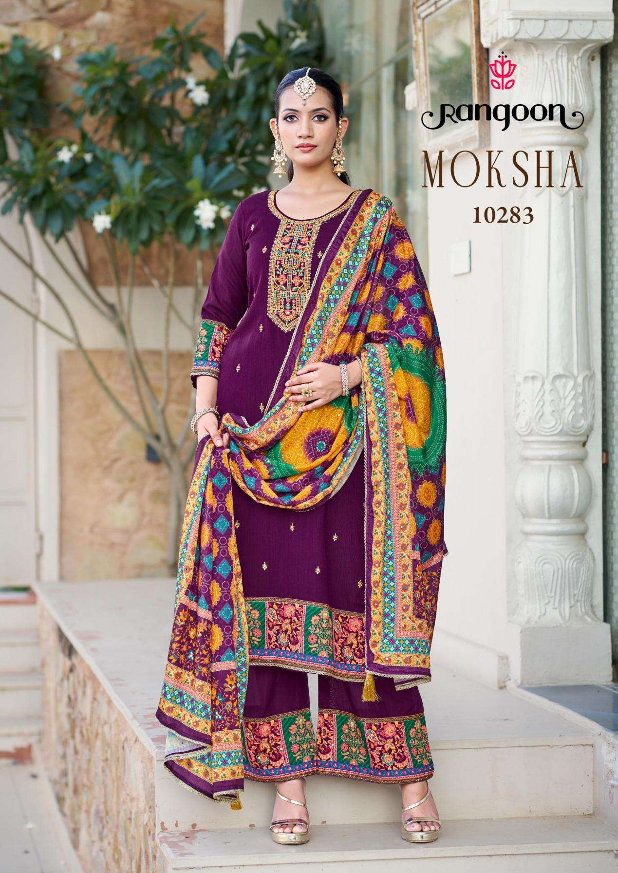 MOKSHA SERIES 10281 TO 10286 BY RANGOON DESIGNER EMBROIDERY AND MIRROR WORK SILK TOP WITH BOTTOM AND DUPATTA ARE AVAILABLE AT WHOLESALE PRICE