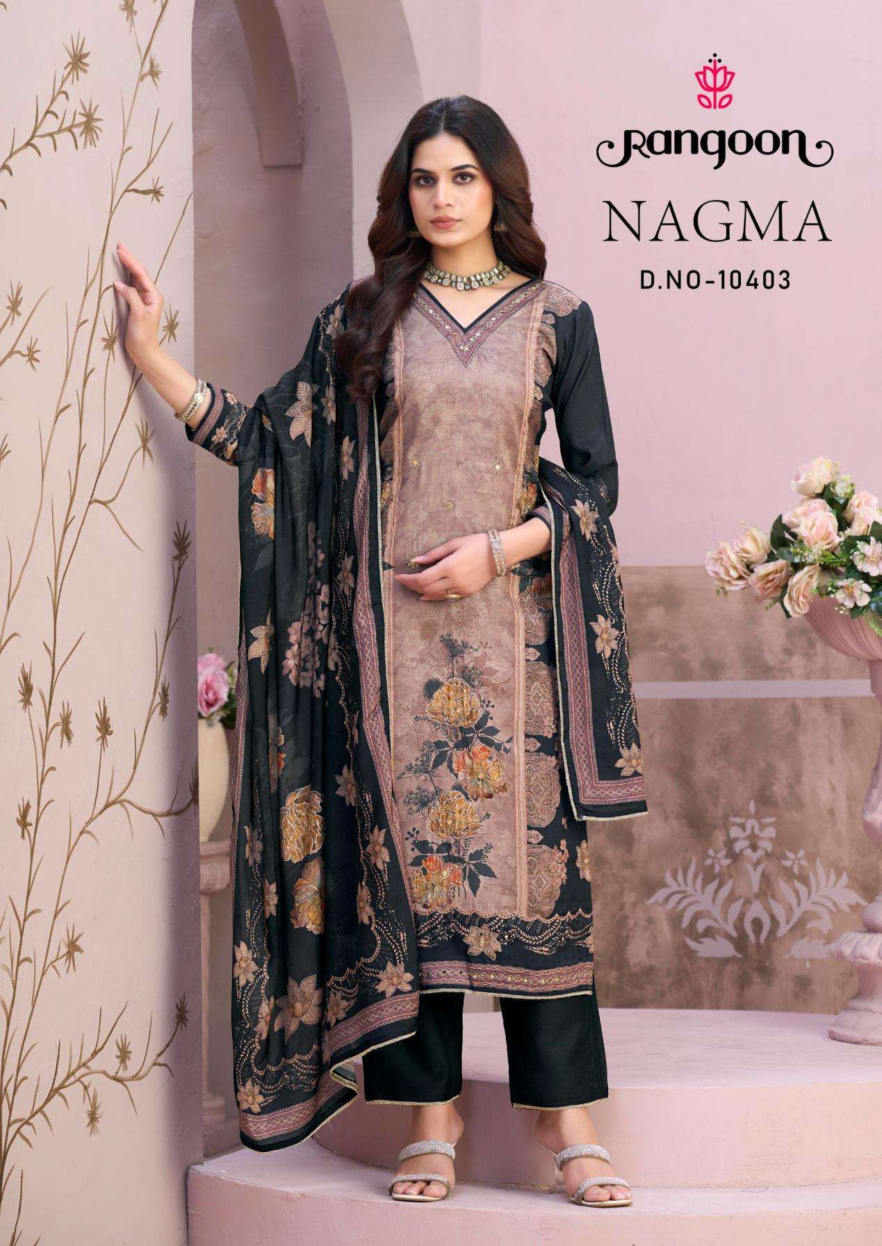 NAGMA SERIES 10401 TO 10404 BY RANGOON DESIGNER DIGITAL PRINTED AND AARI WORK MUSLIN TOP WITH BOTTOM AND DUPATTA ARE AVAILABLE AT WHOLESALE PRICE