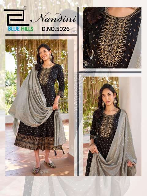 NANDINI SERIES 5024 TO 5029 BY BLUE HILLS DESIGNER FOIL PRINT RAYON KURTI WITH BOTTOM AND DUPATTA ARE AVAILABLE AT WHOLESALE PRICE