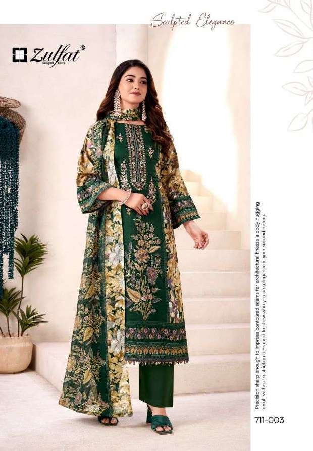 NASEERA SERIES 711 BY ZULFAT DESIGNER PRINTED AND EMBROIDERY WORK ZAM COTTON SUITS ARE AVAILABLE AT WHOLESALE PRICE