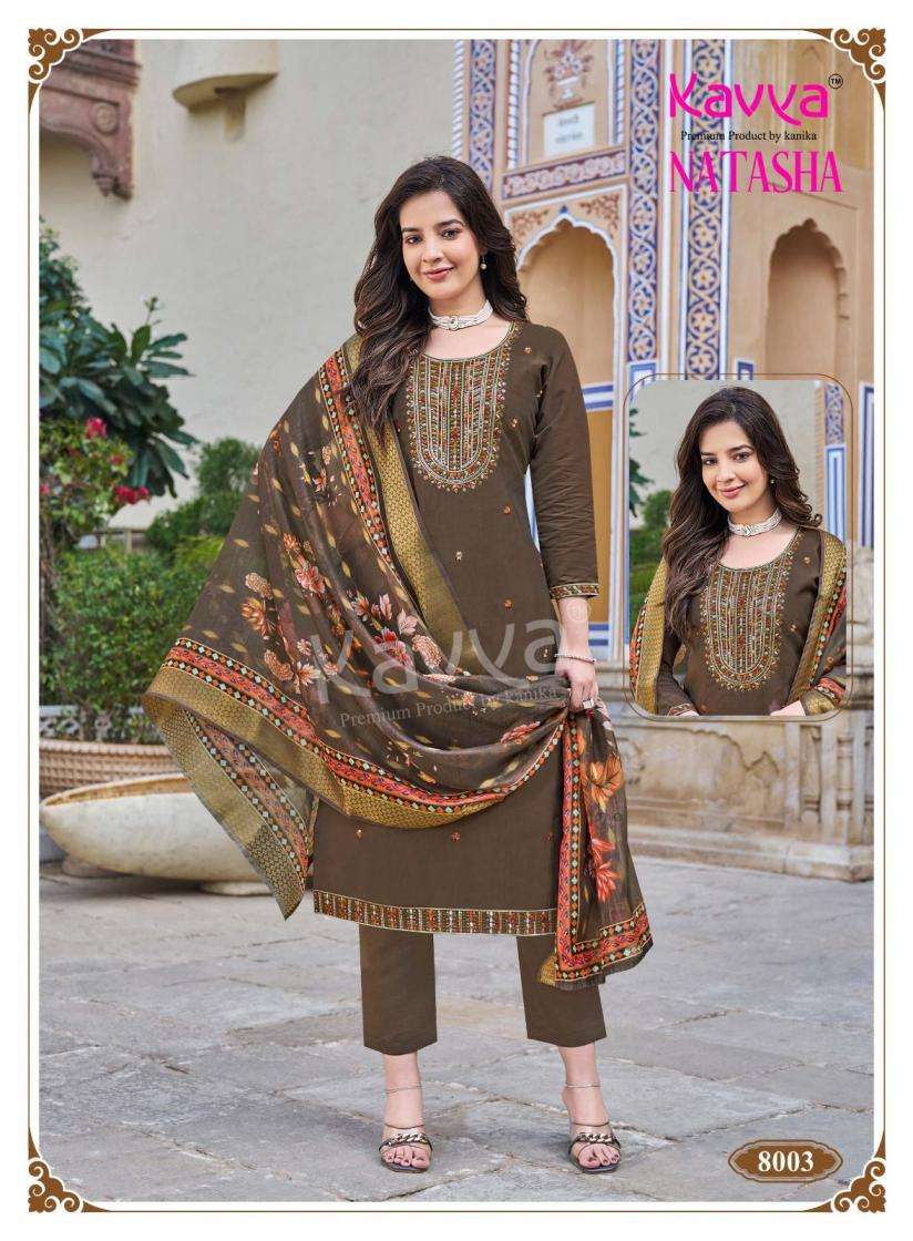 NATASHA VOL-8 SERIES 8001 TO 8010 BY KAVYA DESIGNER PRINTED AND WORK ROMAN SILK TOP WITH BOTTOM AND DUPATTA ARE AVAILABLE AT WHOLESALE PRICE