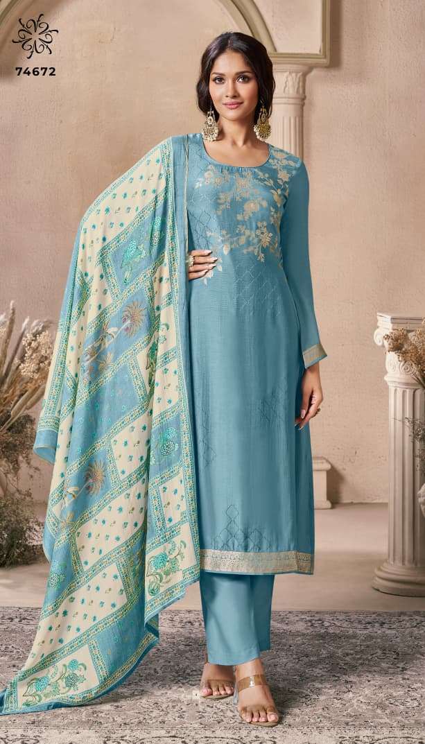 NAVYA VOL-3 SERIES 74671 TO 73674 BY KULEESH VINAY DESIGNER VISCOSE MUSLIN SELF WEAVE SUITS ARE AVAILABLE AT WHOLESALE PRICE