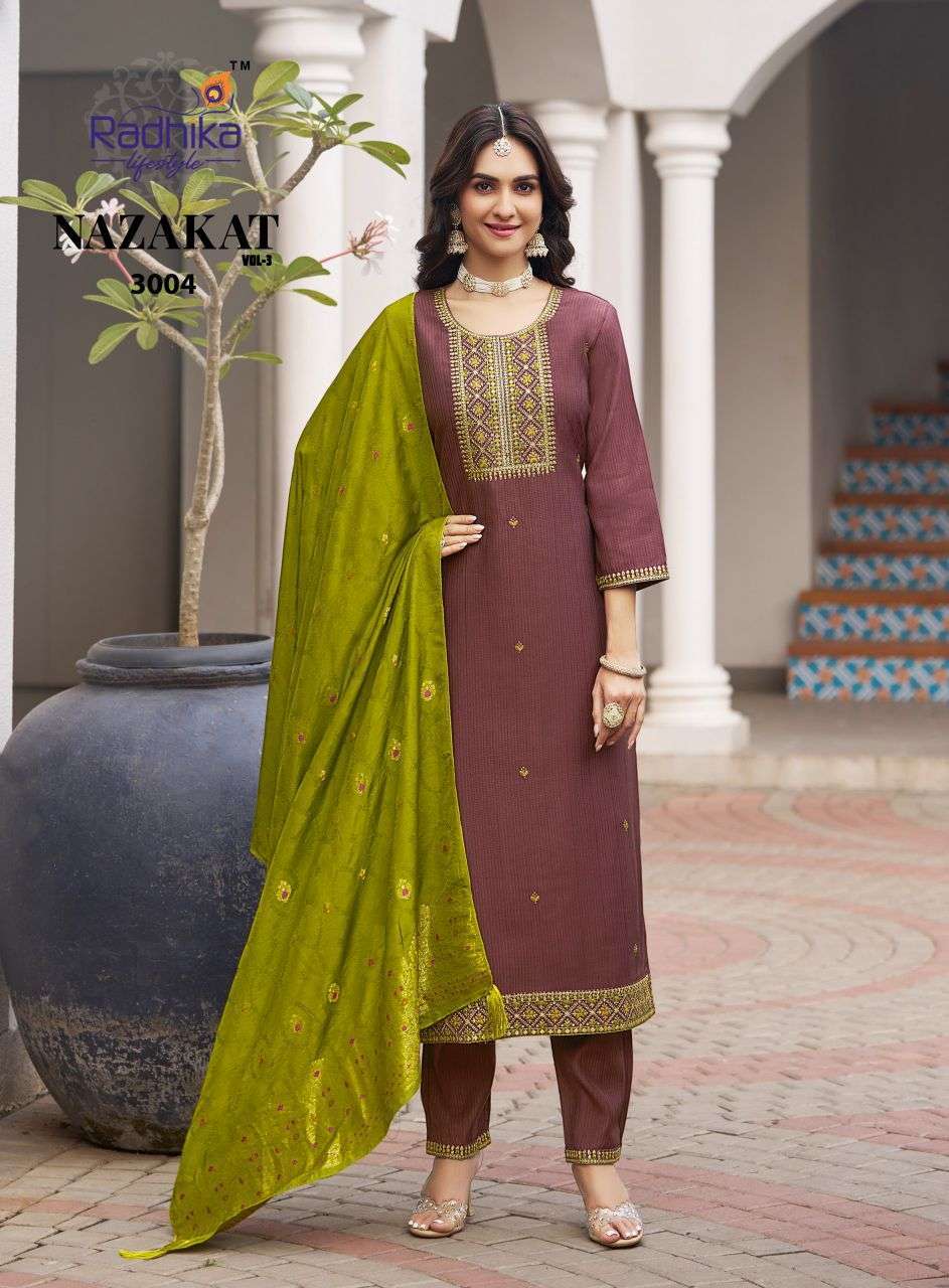 NAZAKAT VOL-3 SERIES 3001 TO 3006 BY RADHIKA LIFESTYLE DESIGNER WORK SILK TOP WITH BBOTTOM AND DUPATTA ARE AVAILABLE AT WHOLESALE PRICE