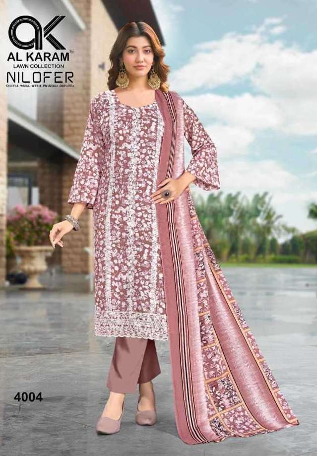 NILOFER SERIES 4001 TO 4004 BY AL KARAM DESIGNER EMBROIDERY WORK COTTON SUITS ARE AVAILABLE AT WHOLESALE PRICE