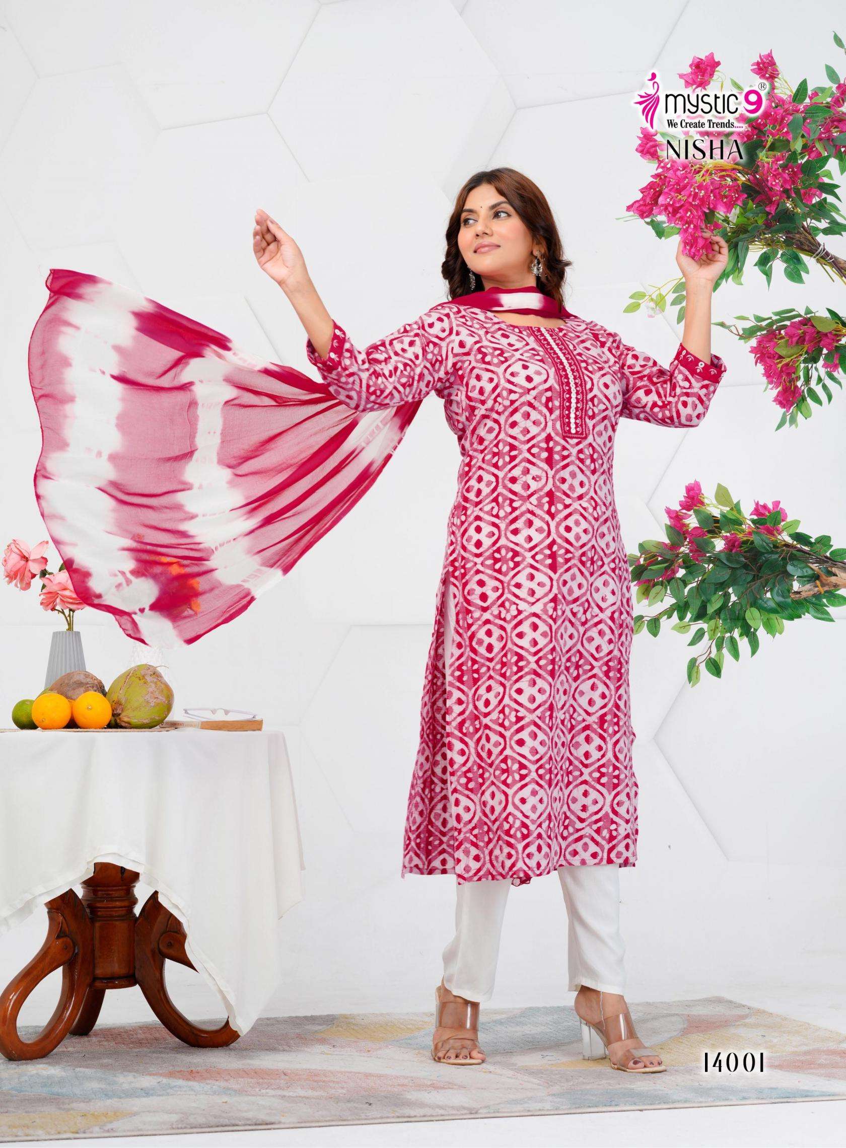 NISHA VOL-14 SERIES 14001 TO 14008 BY MYSTIC 9 DESIGNER BATIK PRINTED AND EMBROIDERY WORK COTTON KURTI WITH BOTTOM AND DUPATTA ARE AVAILABLE AT WHOLESALE PRICE