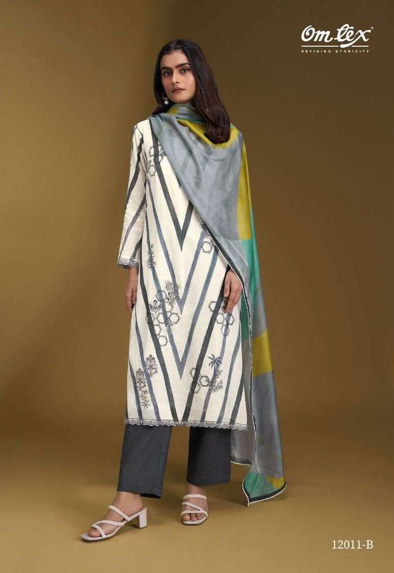 NOORBANO SERIES 12011 BY OMTEX DESIGNER PRINTED AND EMBROIDERY WORK CHANDERI SILK SUITS ARE AVAILABLE AT WHOLESALE PRICE