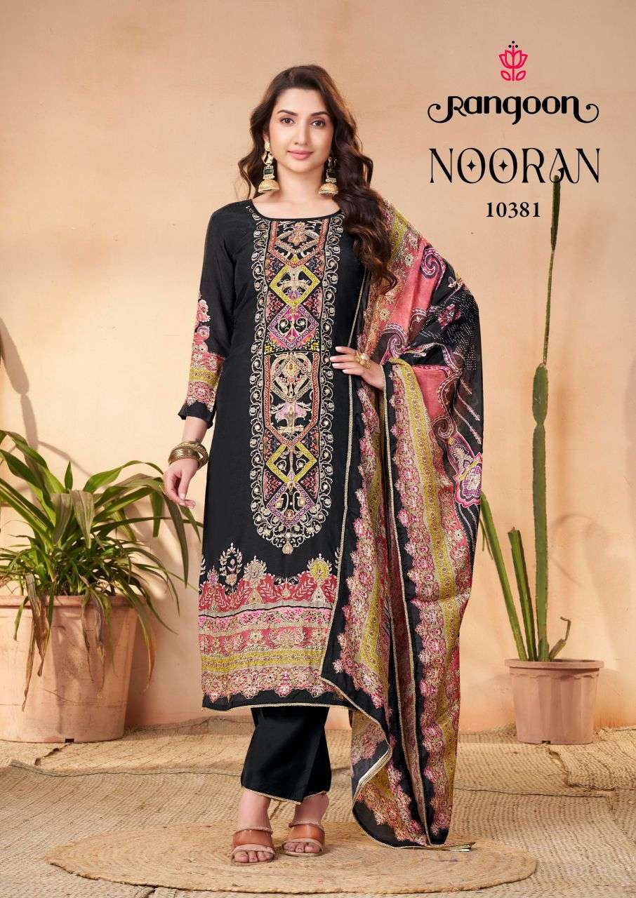 NOORNA SERIES 10381 TO 10384 BY RANGOON DESIGNER DIGITAL PRINTED AND WORK MUSLIN TOP WITH BOTTOM AND DUPATTA ARE AVAILABLE AT WHOLESALE PRICE